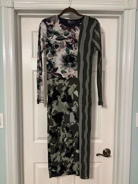 Viviana Mixed-Print Long Sleeve Midi Dress